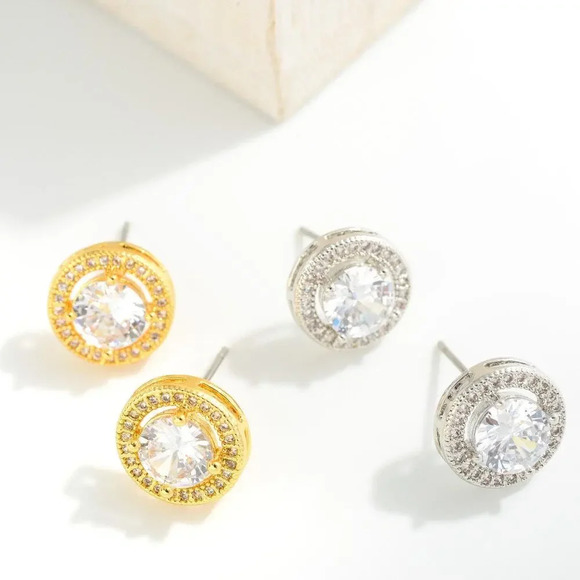 NEW Circular Stud Earrings Featuring Round Stone With Pave Accent - Picture 2 of 2
